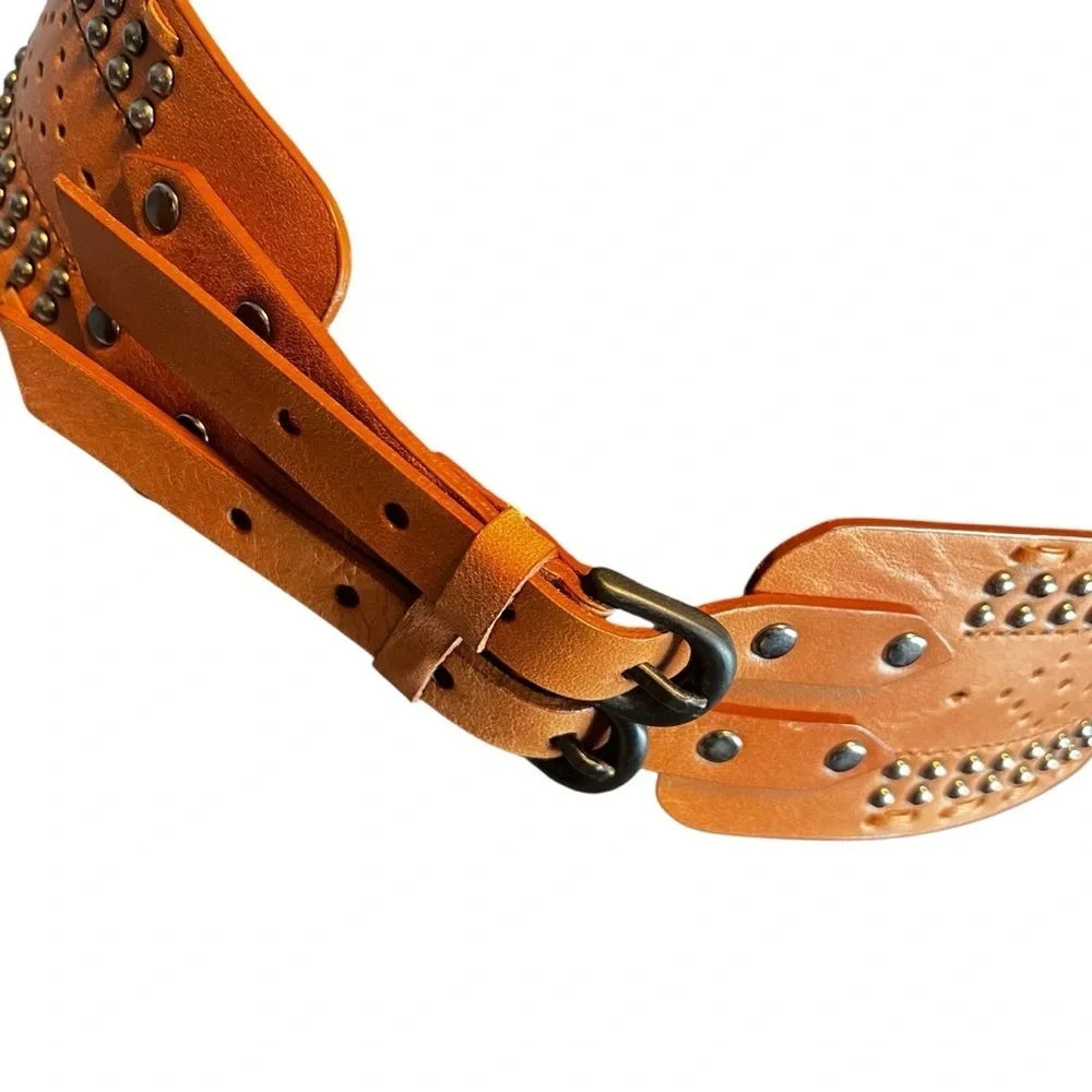 Lucero Peru Wide Leather Belt Double Buckle Women’s Large Studded Coachella
